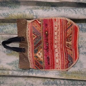 Handmade colorful purse tote vintage material fringe buttons pinks tans